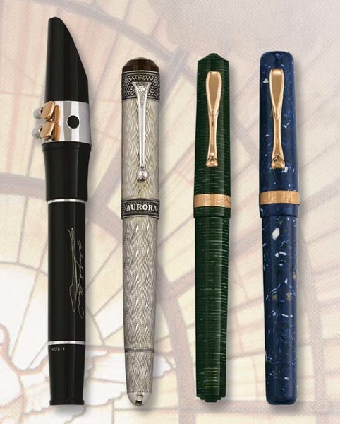 AURORA, DELTA AND VISCONTI. TWO LIMITED EDITION SILVER OR RESIN AND SILVER FOUNTAIN PENS AND TWO CELLULOID AND GOLD-PLATED FOUNTAIN PENS