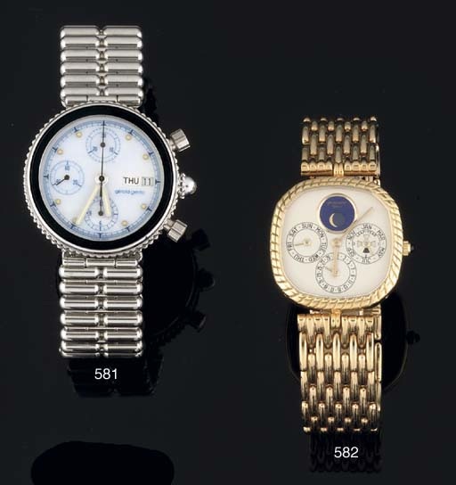 Gerald Genta. A Stainless Steel Automatic Water Resistant Chronograph Wristwatch on Bracelet with Day and Date indication