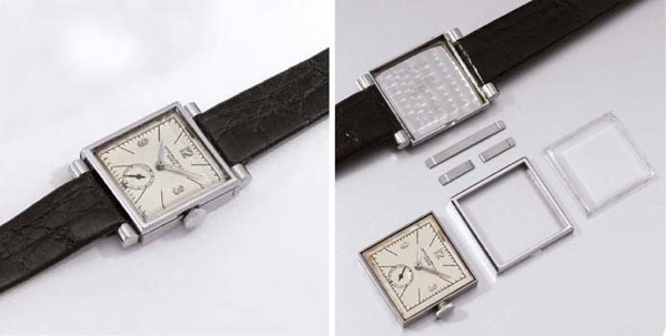 Patek Philippe. A fine and rare stainless steel water-resistant square wristwatch with unusual lugs and sliding sides