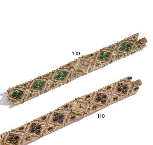 Patek Philippe. A ladies very fine, decorative and possibly unique 18K gold, diamond and emerald-set bracelet watch