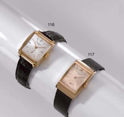 Patek Philippe. A very fine, rare and unusual 18K pink gold square wristwatch with two-tone silvered dial
