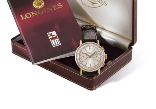 Longines. A fine 18K gold chronograph wristwatch with original certificate and box