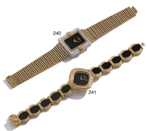 Patek Philippe. A rare and unusual ladies 18K gold, black onyx and diamond-set bracelet watch