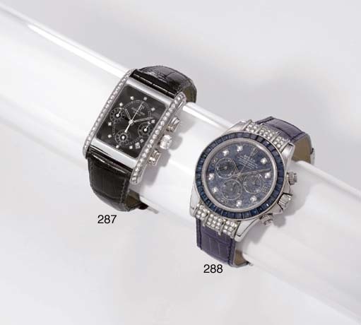 Rolex. A fine and rare 18K white gold, diamond and sapphire-set self-winding chronograph wristwatch with sodalite dial