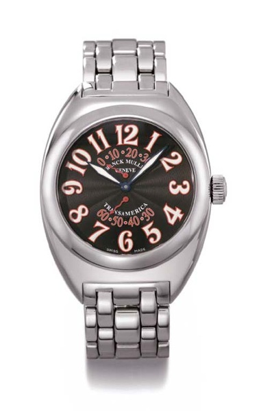Franck Muller. A large stainless steel tonneau-shaped self-winding wristwatch with retrograde seconds and bracelet