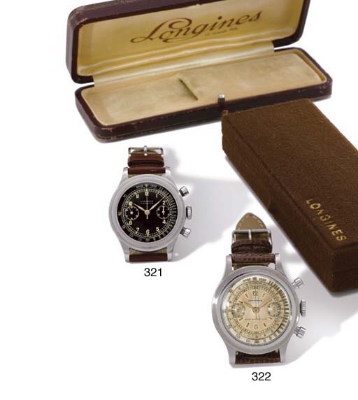 Longines. A very fine and rare stainless steel water-resistant chronograph wristwatch with original box