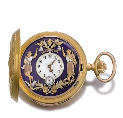 Tempora. A fine 18K gold hunter case minute repeating jaquemarts watch
