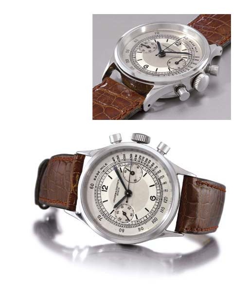 Vacheron Constantin. A very fine, attractive and unique platinum water-resistant chronograph wristwatch with two-tone silvered dial