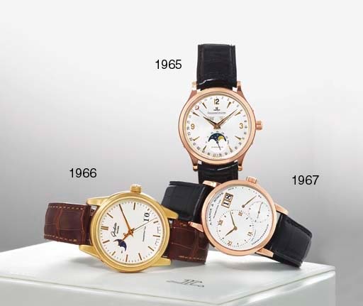 JAEGER-LECOULTRE. AN 18K PINK GOLD AUTOMATIC TRIPLE CALENDAR WRISTWATCH WITH PHASES OF THE MOON