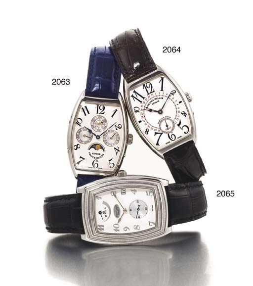 FRANCK MULLER. A FINE 18K WHITE GOLD TONNEAU-SHAPED AUTOMATIC PERPETUAL CALENDAR WRISTWATCH WITH PHASES OF THE MOON