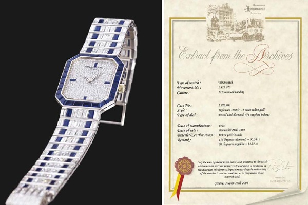 PATEK PHILIPPE. A MAGNIFICENT 18K WHITE GOLD, DIAMOND AND SAPPHIRE-SET OCTAGONAL WRISTWATCH WITH BRACELET