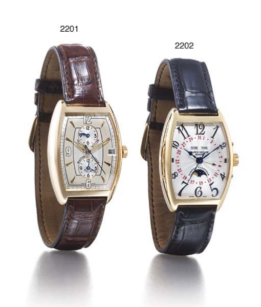 FRANCK MULLER. A FINE 18K PINK GOLD TONNEAU-SHAPED AUTOMATIC TRIPLE CALENDAR WRISTWATCH WITH SWEEP CENTRE SECONDS AND PHASES OF THE MOON