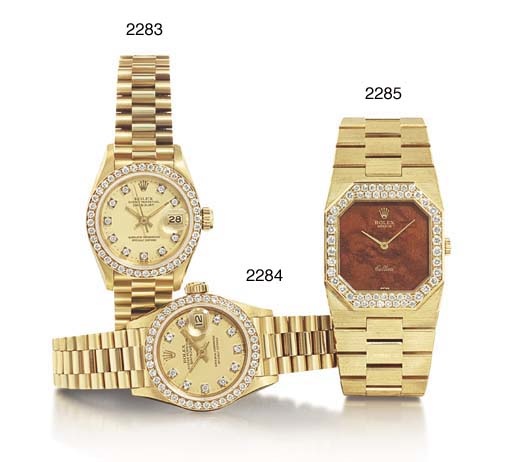 ROLEX. AN 18K GOLD AND DIAMOND-SET RECTANGULAR WRISTWATCH WITH BRACELET AND MAHOGANY DIAL