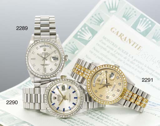 ROLEX. AN 18K THREE-COLOURED GOLD AND DIAMOND-SET AUTOMATIC WRISTWATCH WITH SWEEP CENTRE SECONDS, DAY, DATE AND LATER DIAMOND-SET BRACELET