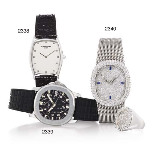 PATEK PHILIPPE. A FINE 18K WHITE GOLD, DIAMOND AND SAPPHIRE-SET OVAL WRISTWATCH WITH BRACELET AND AN 18K WHITE GOLD AND DIAMOND-SET RING