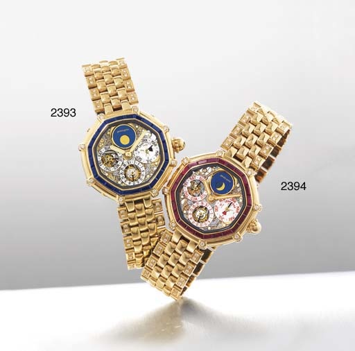 GERALD GENTA. A FINE 18K GOLD, DIAMOND AND SAPPHIRE-SET OCTAGONAL AUTOMATIC SKELETONISED PERPETUAL CALENDAR WRISTWATCH WITH PHASES OF THE MOON AND BRACELET