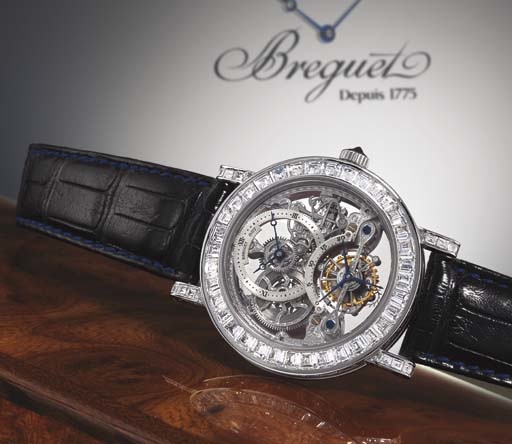 BREGUET. AN IMPORTANT AND RARE 18K WHITE GOLD AND DIAMOND-SET SKELETONISED TOURBILLON WRISTWATCH