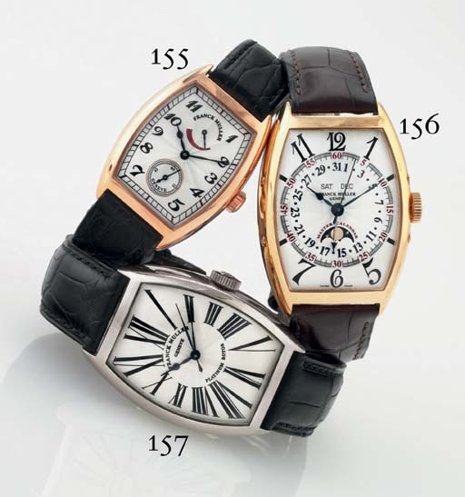 FRANCK MULLER. AN OVERSIZED 18K GOLD TONNEAU AUTOMATIC TRIPLE CALENDAR WRISTWATCH WITH CENTER SECONDS AND MOON PHASES