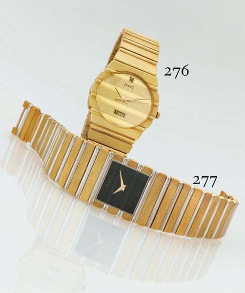 PIAGET. AN 18K GOLD TONNEAU BRACELET WATCH WITH DAY, DATE AND CENTER SECONDS