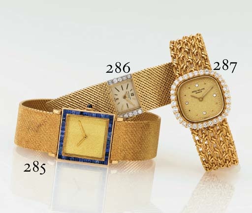 PATEK PHILIPPE. A RARE LADY'S 18K GOLD AND DIAMOND CUSHION BRACELET WATCH