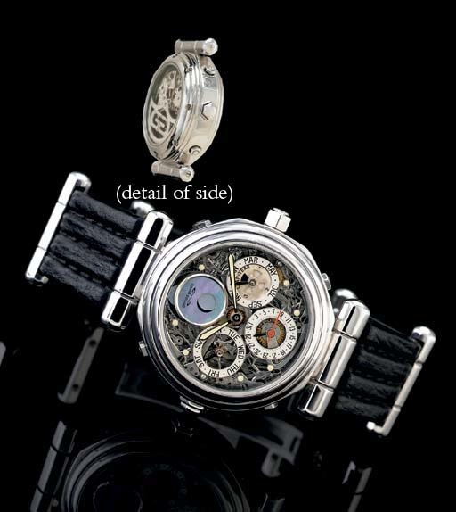 GERALD GENTA. A FINE, RARE AND HEAVY 18K WHITE GOLD AND MOTHER-OF-PEARL OCTAGONAL SKELETONIZED AUTOMATIC MINUTE REPEATING PERPETUAL CALENDAR TOURBILLON WRISTWATCH WITH MOON PHASES