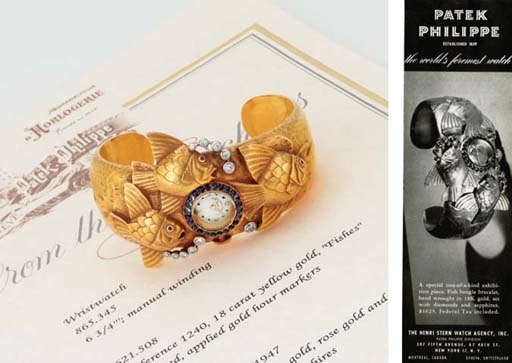 PATEK PHILIPPE. A VERY FINE AND UNIQUE 18K GOLD, PLATINUM, DIAMOND, RUBY AND SAPPHIRE BANGLE BRACELET