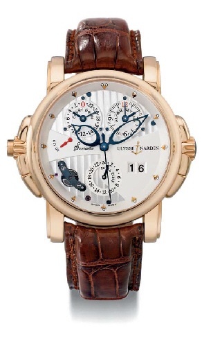 Ulysse Nardin. An unusual and large 18K pink gold self-winding dual time wristwatch with sweep centre seconds, date, countdown indicator and musical alarm