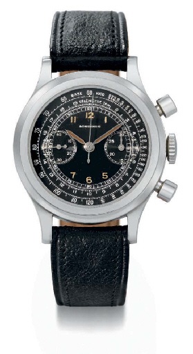 Longines. A very fine and rare stainless steel water-resistant chronograph wristwatch with black dial