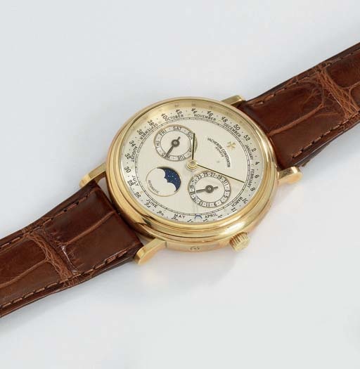 Vacheron Constantin. A fine 18K gold triple calendar wristwatch with phases of the moon and week indicator