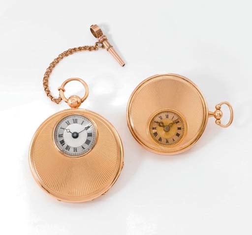 Boubon & Bailly. A lot of two 18K gold half hunter case cylinder watches with eccentric dials