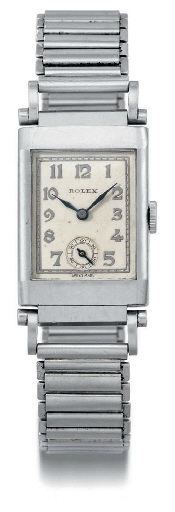 Rolex. A fine and unusual stainless steel rectangular wristwatch with bracelet