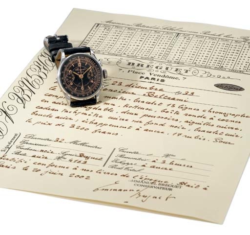 Breguet. A fine, rare and unusual stainless steel chronograph wristwatch with black sector dial