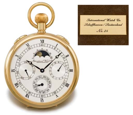 IWC. A fine 18K gold limited edition openface full calendar keyless lever watch with phases of the moon, original certificate and box