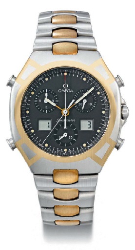 Omega. A titanium and gold tonneau-shaped water-resistant split seconds chronograph wristwatch with analogue display and bracelet