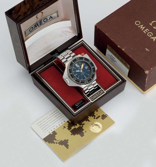 Omega. A highly unusual and rare large stainless steel self-winding waterproof diver's wristwatch with sweep centre seconds, date, bracelet, original certificate and box