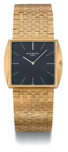 Patek Philippe. An 18K gold square-shaped wristwatch with bracelet