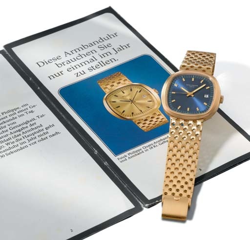 Patek Philippe. A rare and unusual oversized 18K gold cushion-shaped electronic wristwatch with sweep centre seconds, date, bracelet and original brochure