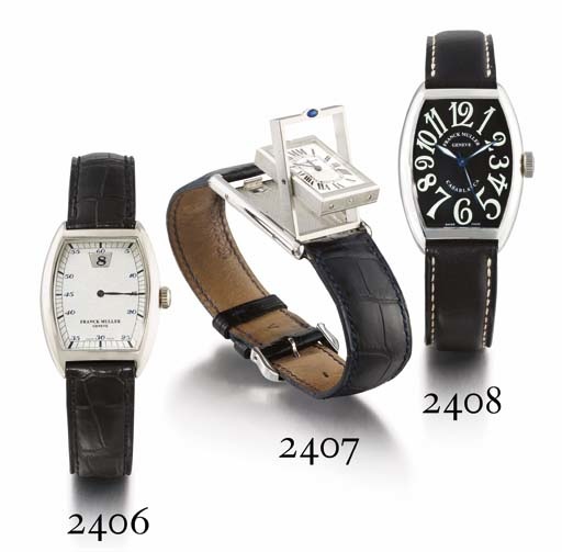 FRANCK MULLER. AN 18K WHITE GOLD TONNEAU-SHAPED JUMP HOUR WRISTWATCH