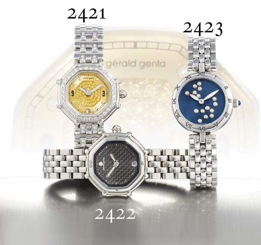 GERALD GENTA. A LADY'S 18K WHITE GOLD AND DIAMOND-SET OCTAGONAL WRISTWATCH WITH BRACELET