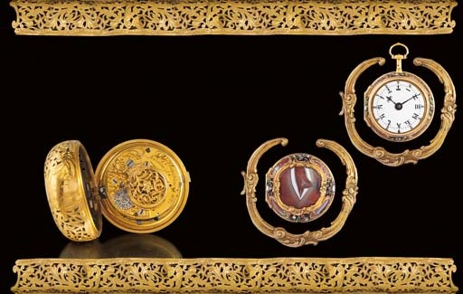 CHAMPION. A VERY FINE AND RARE 22K GOLD, AGATE AND GEM-SET QUARTER REPEATING PAIR CASE WATCH WITH ENAMEL DIAL, MADE FOR THE CHINESE MARKET