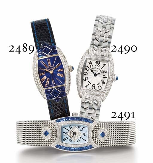 FRANCK MULLER. A FINE LADY'S 18K WHITE GOLD, DIAMOND AND SAPPHIRE-SET TONNEAU-SHAPED WRISTWATCH WITH BLUE GUILLOCH