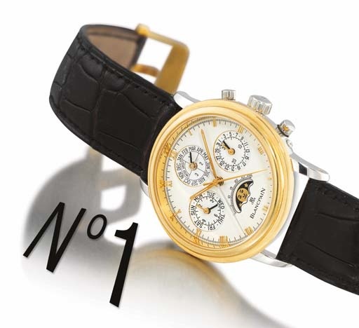 BLANCPAIN. A VERY RARE PLATINUM AND 18K GOLD PERPETUAL CALENDAR SPLIT SECONDS CHRONOGRAPH WRISTWATCH WITH PHASES OF THE MOON