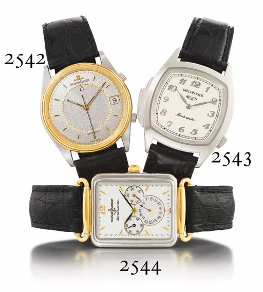 ULYSSE NARDIN. A STAINLESS STEEL AND GOLD RECTANGULAR AUTOMATIC WRISTWATCH WITH DATE AND POWER RESERVE