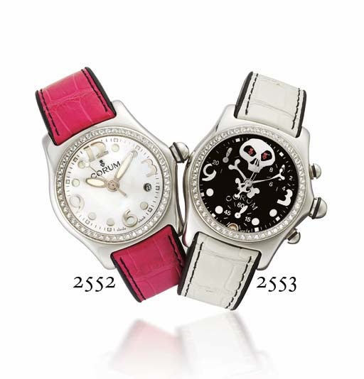 CORUM. A STAINLESS STEEL AND DIAMOND-SET TONNEAU-SHAPED WRISTWATCH WITH CENTRE SECONDS, DATE AND MOTHER-OF-PEARL DIAL