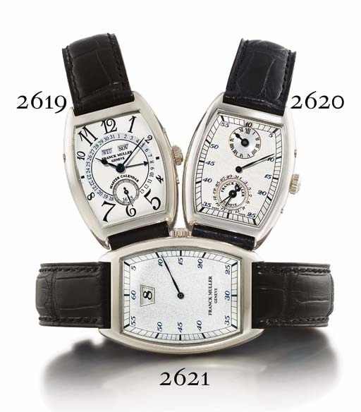 FRANCK MULLER. AN 18K WHITE GOLD TONNEAU-SHAPED TRIPLE CALENDAR WRISTWATCH