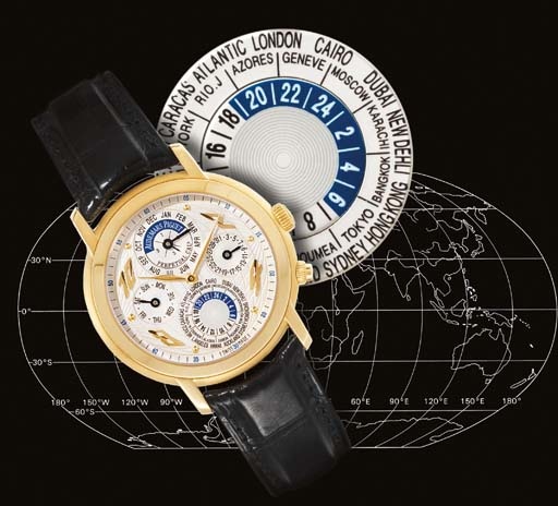 AUDEMARS PIGUET. A FINE 18K GOLD AUTOMATIC PERPETUAL CALENDAR WORLD TIME WRISTWATCH