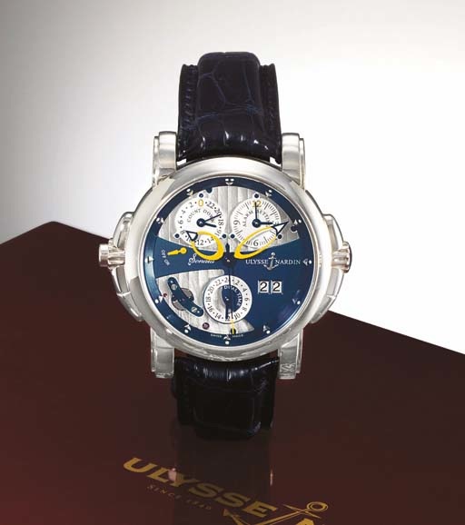 ULYSSE NARDIN. AN UNUSUAL 18K WHITE GOLD AUTOMATIC DUAL TIME ZONE WRISTWATCH WITH CENTRE SECONDS, MUSICAL ALARM AND COUNTDOWN INDICATOR
