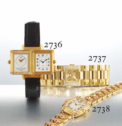 JAEGER-LECOULTRE. AN 18K GOLD AND DIAMOND-SET RECTANGULAR REVERSIBLE WRISTWATCH WITH MOTHER-OF-PEARL DIAL