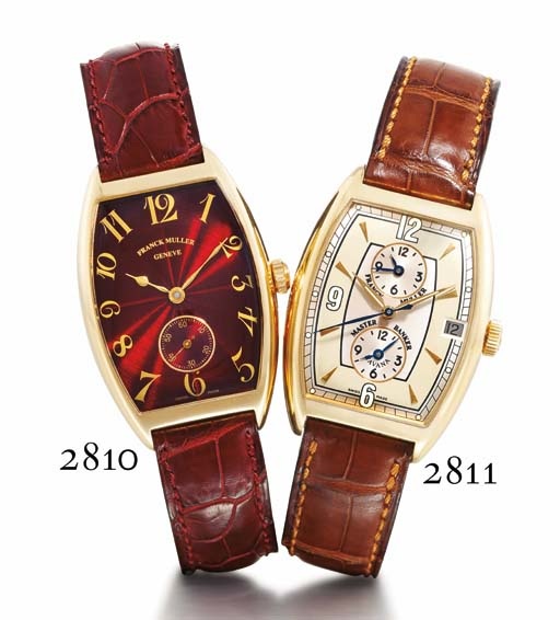 FRANCK MULLER. AN 18K GOLD TONNEAU-SHAPED AUTOMATIC TRIPLE TIME ZONE WRISTWATCH WITH CENTRE SECONDS AND DATE