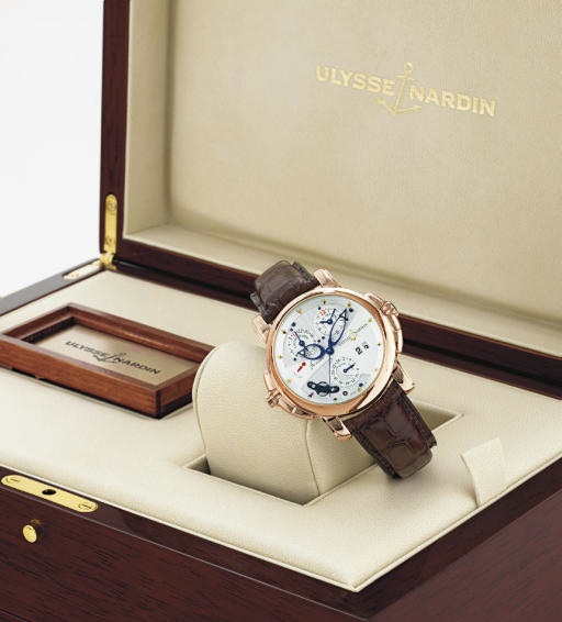 ULYSSE NARDIN. A FINE AND UNUSUAL LARGE 18K PINK GOLD AUTOMATIC DUAL TIME ALARM WRISTWATCH WITH DATE, CENTER SECONDS AND COUNTDOWN INDICATOR